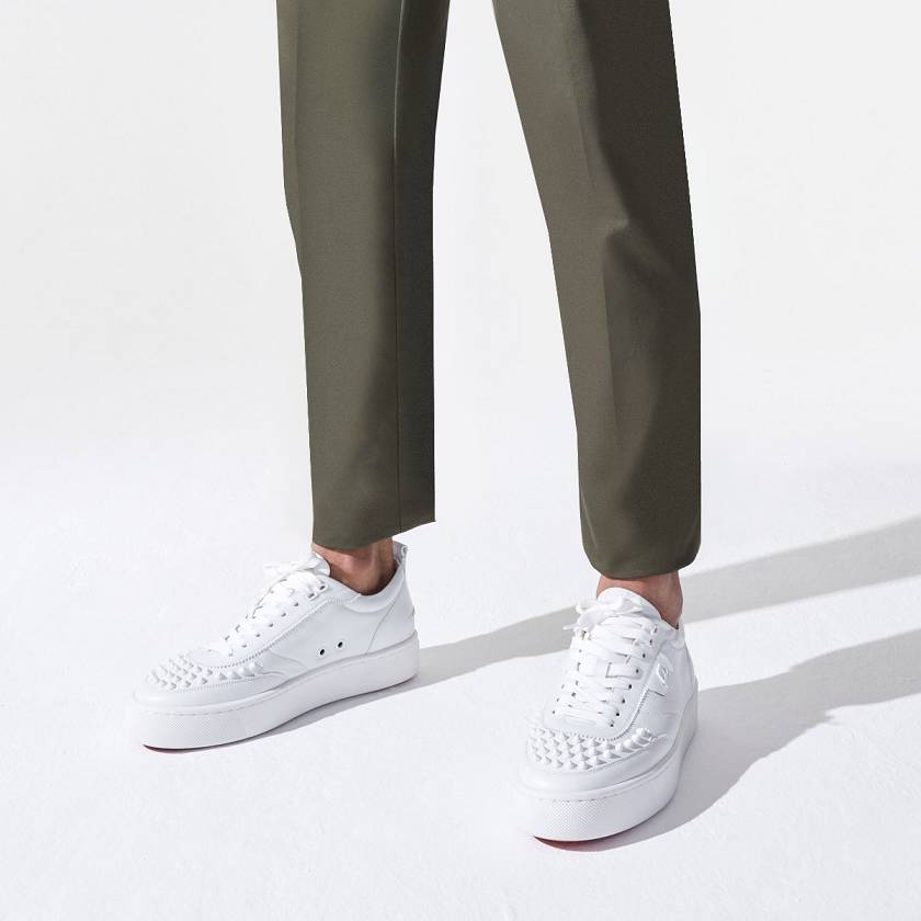 Men's Christian Louboutin Happyrui Spikes Calf Low Top Sneakers - White [4180-726]